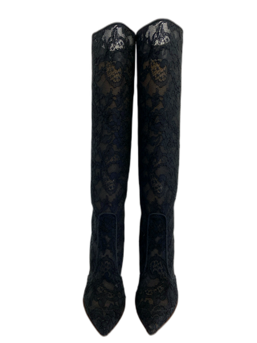 Francesco Russo Shoe Size 39 Black Lace Knee High Stiletto Floral Boots Black / 39