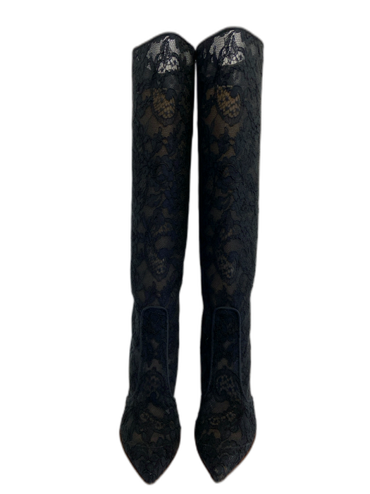 Francesco Russo Shoe Size 39 Black Lace Knee High Stiletto Floral Boots Black / 39
