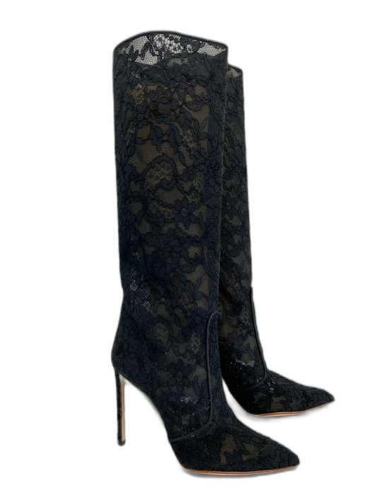 Francesco Russo Shoe Size 39 Black Lace Knee High Stiletto Floral Boots Black / 39