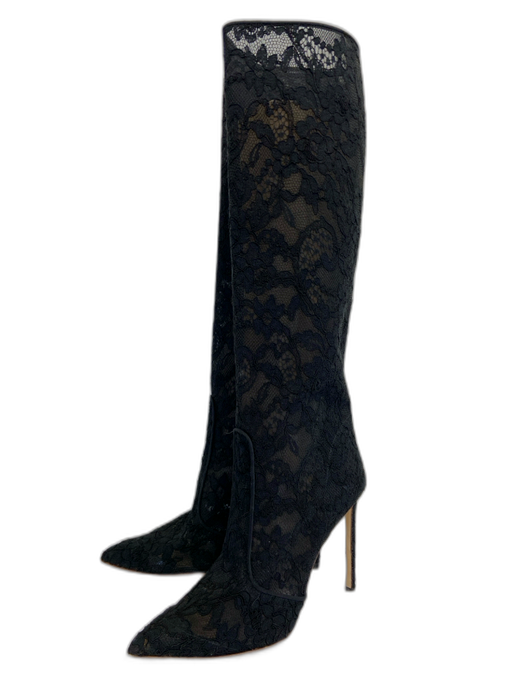 Francesco Russo Shoe Size 39 Black Lace Knee High Stiletto Floral Boots Black / 39