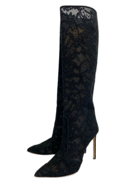 Francesco Russo Shoe Size 39 Black Lace Knee High Stiletto Floral Boots Black / 39