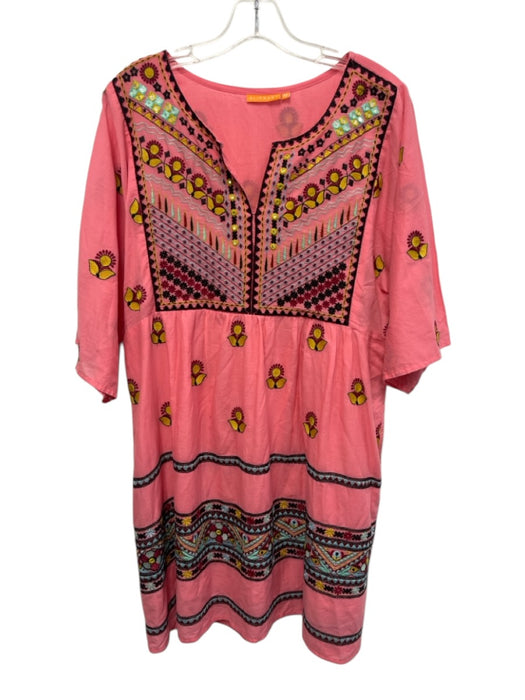 Oliphant Size M Pink & Multi Split Neck Embroidered 1/2 sleeve Floral Dress Pink & Multi / M