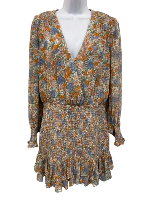 Veronica Beard Size 10 White & Multi Silk Floral Long Sleeve Surplice Dress White & Multi / 10