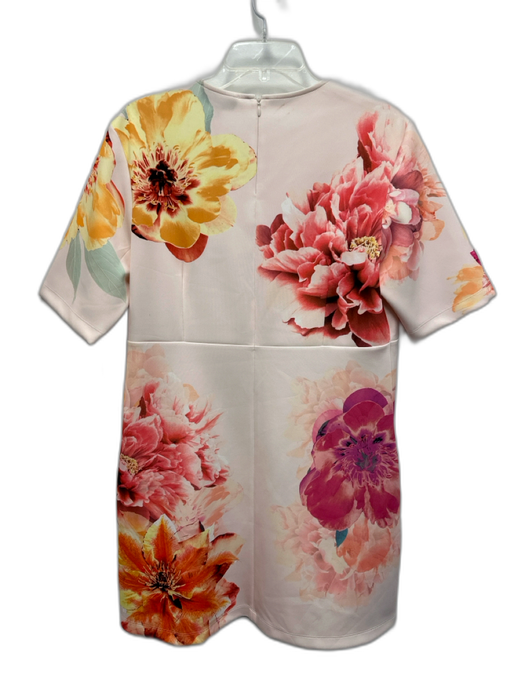 Reiss Size 10 White & Multi Short Sleeve Flowers Midi Back Zip Dress White & Multi / 10