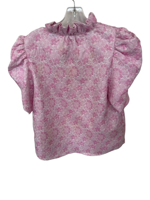 THML Size L Pink & White Polyester Floral Ruffle Collar Short Sleeve Top Pink & White / L