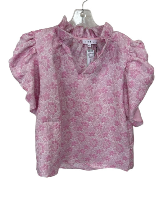 THML Size L Pink & White Polyester Floral Ruffle Collar Short Sleeve Top Pink & White / L