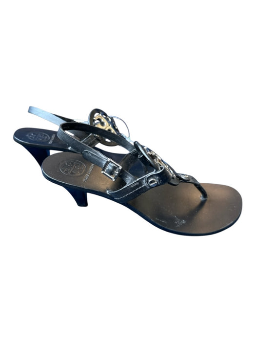 Tory Burch Shoe Size 7.5 Black Leather Silver Hardware Open Toe Logo Sandals Black / 7.5