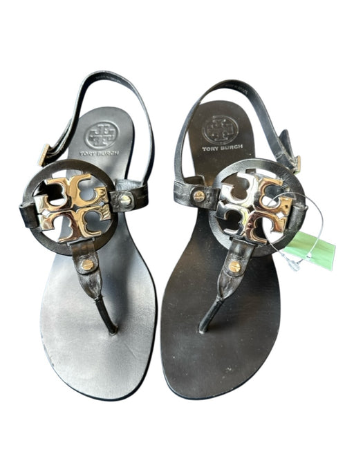 Tory Burch Shoe Size 7.5 Black Leather Silver Hardware Open Toe Logo Sandals Black / 7.5