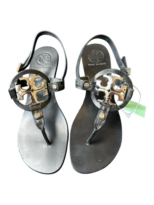 Tory Burch Shoe Size 7.5 Black Leather Silver Hardware Open Toe Logo Sandals Black / 7.5