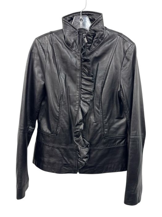 Tahari Size M Black Lamb leather Ruffle Detail Front Zip Pockets Jacket Black / M