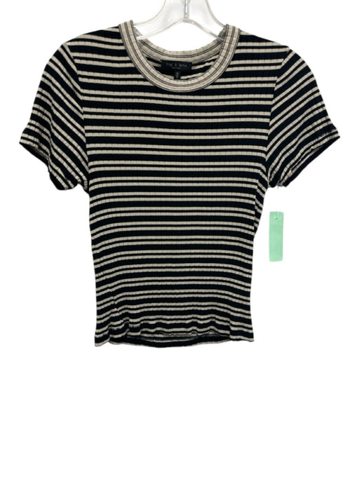 Rag & Bone Size M Cream & Black Cotton Ribbed Short Sleeve Horizontal Stripe Top Cream & Black / M