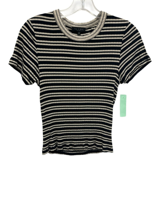 Rag & Bone Size M Cream & Black Cotton Ribbed Short Sleeve Horizontal Stripe Top Cream & Black / M