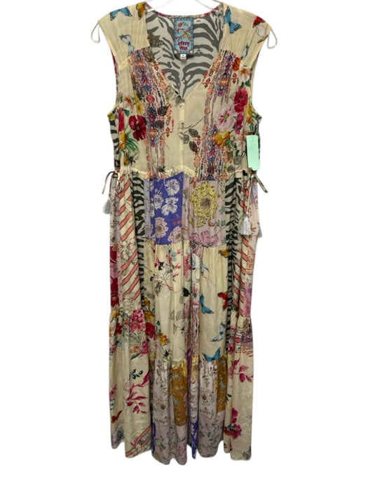 Johnny Was Size XS Yellow, Blue & Multi Print Silk Sleeveless V Neck Dress Yellow, Blue & Multi Print / XS