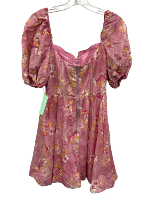 Bardot Size S Pink & Multi Ramie & Cotton Short Puff Sleeve Floral Boning Dress Pink & Multi / S
