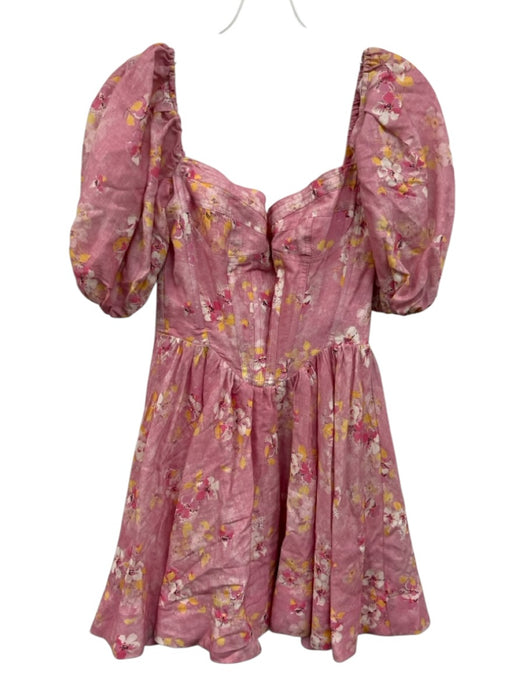 Bardot Size S Pink & Multi Ramie & Cotton Short Puff Sleeve Floral Boning Dress Pink & Multi / S