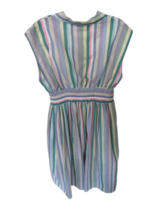 Entro Size M Blue & Green Linen Zipper Stripes Cinched Waist V Neck Dress Blue & Green / M