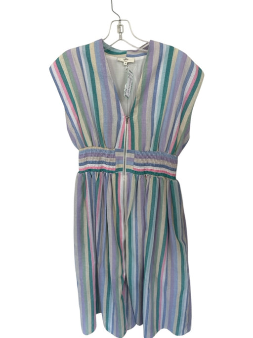 Entro Size M Blue & Green Linen Zipper Stripes Cinched Waist V Neck Dress Blue & Green / M