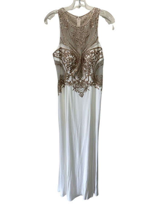 Cachet Size 8 White & Gold Polyester Sleeveless Embroidered Sheer Panel Gown White & Gold / 8