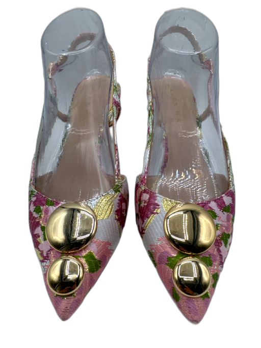 Alex Marie Shoe Size 7 Pink, Green, Gold Textile Metallic Thread Slingback Pumps Pink, Green, Gold / 7