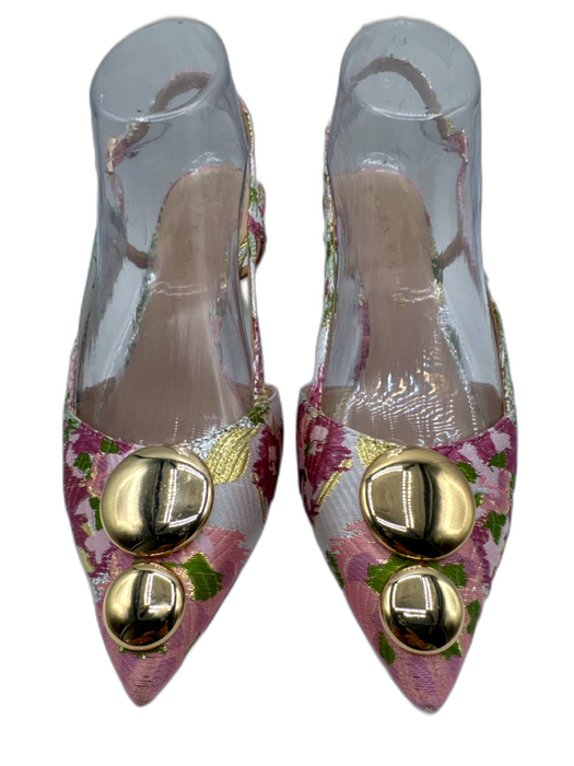 Alex Marie Shoe Size 7 Pink, Green, Gold Textile Metallic Thread Slingback Pumps Pink, Green, Gold / 7