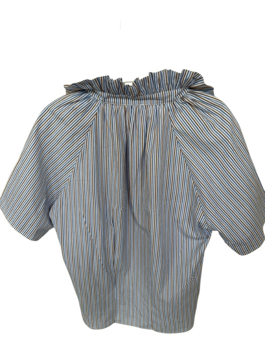 A Shirt Thing Size S White, Blue & Brown V Neck Striped Ruffle collar Top White, Blue & Brown / S