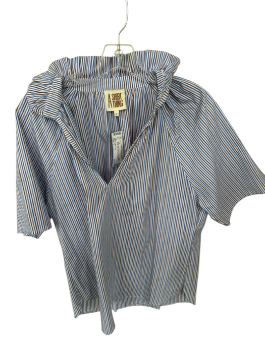 A Shirt Thing Size S White, Blue & Brown V Neck Striped Ruffle collar Top White, Blue & Brown / S