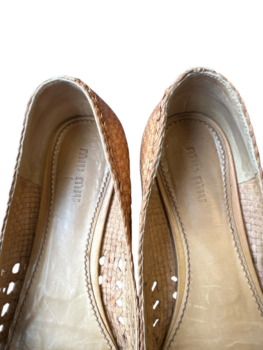 Miu Miu Shoe Size 38 Brown & Cream Leather Woven Bow Flats Brown & Cream / 38