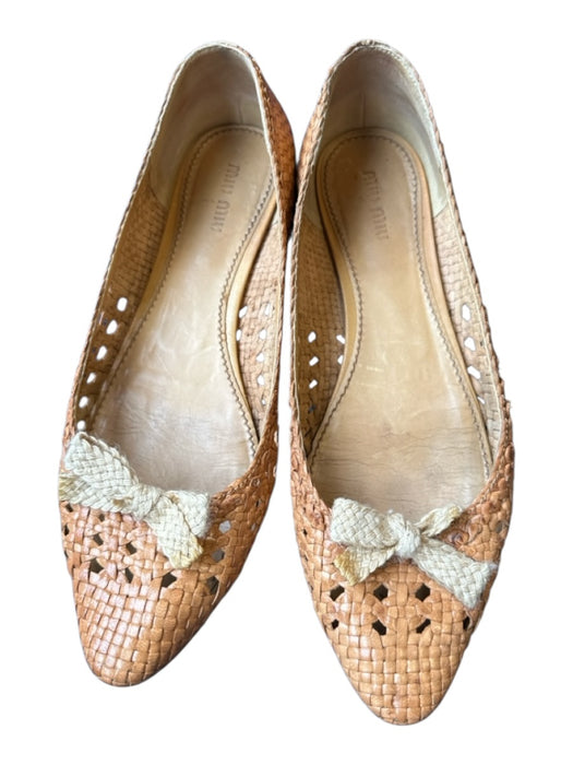 Miu Miu Shoe Size 38 Brown & Cream Leather Woven Bow Flats Brown & Cream / 38