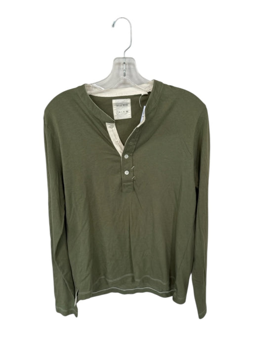 Billy Reid Size S Olive Green & Cream Cotton Long Sleeve Stitch Detail Top Olive Green & Cream / S