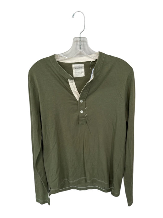 Billy Reid Size S Olive Green & Cream Cotton Long Sleeve Stitch Detail Top Olive Green & Cream / S