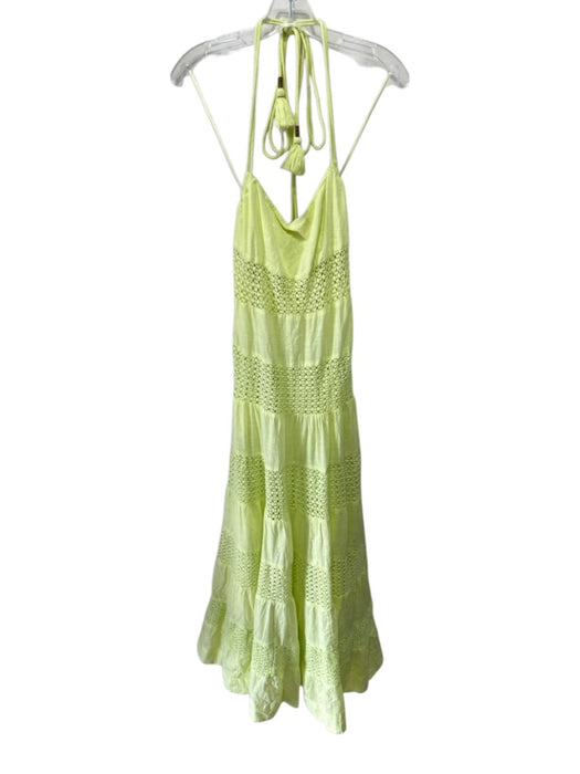 By Anthropologie Size XXS Yellow Green Cotton Tie Neck Maxi Crochet detail Dress Yellow Green / XXS