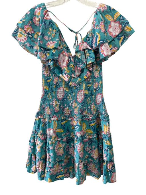 Allison Size S Green, Blue, Multi Cotton Short Ruffle Sleeve V Neck & Back Dress Green, Blue, Multi / S