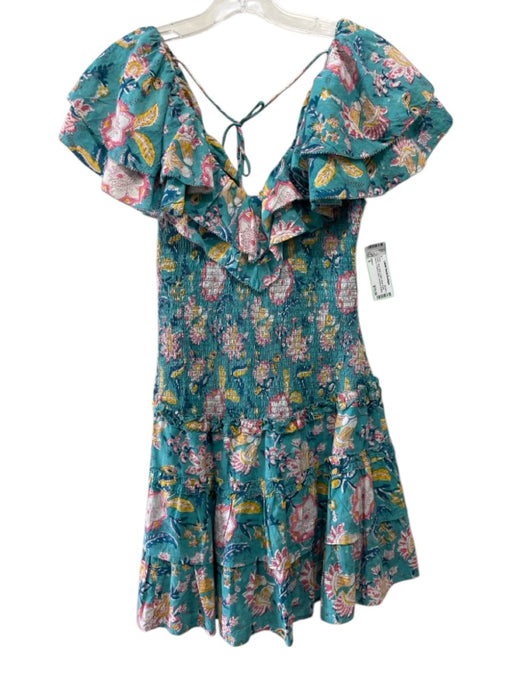 Allison Size S Green, Blue, Multi Cotton Short Ruffle Sleeve V Neck & Back Dress Green, Blue, Multi / S