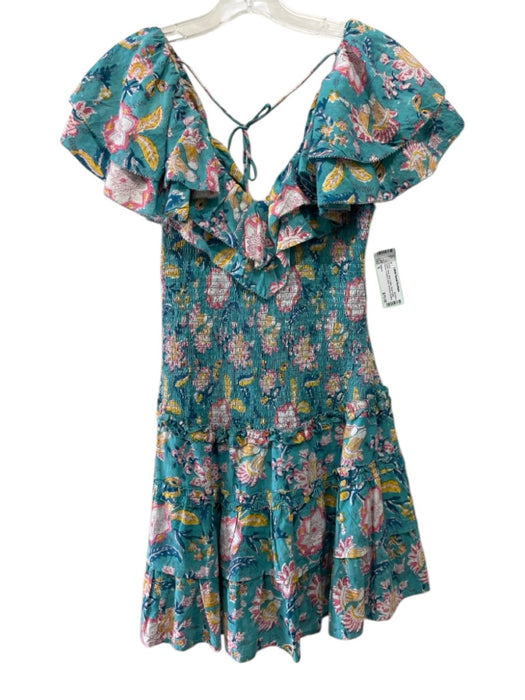 Allison Size S Green, Blue, Multi Cotton Short Ruffle Sleeve V Neck & Back Dress Green, Blue, Multi / S