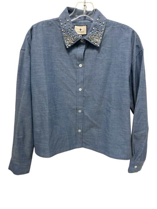 Tuckernuck Size M Chambray Cotton Button Up Embellished Cropped Top Chambray / M