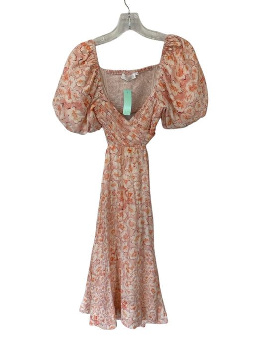 ASTR Size XS Peach & Orange Polyester Short Balloon Sleeve Flowers Maxi Dress Peach & Orange / XS