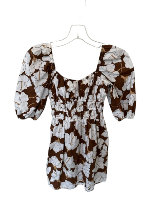 Faithful The Brand Size 2 Brown & White Cotton 3/4 Balloon Sleeve Flowers Dress Brown & White / 2