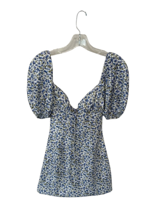 More To Come Size XXS Blue & Green Polyester Short Balloon Sleeve Flowers Dress Blue & Green / XXS