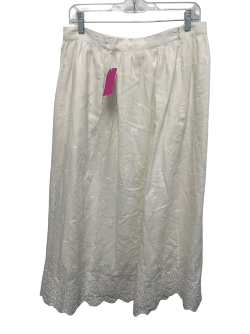 Elie Tahari Size 10 White Linen & Tencel Blend Midi Floral Embroidery Skirt White / 10