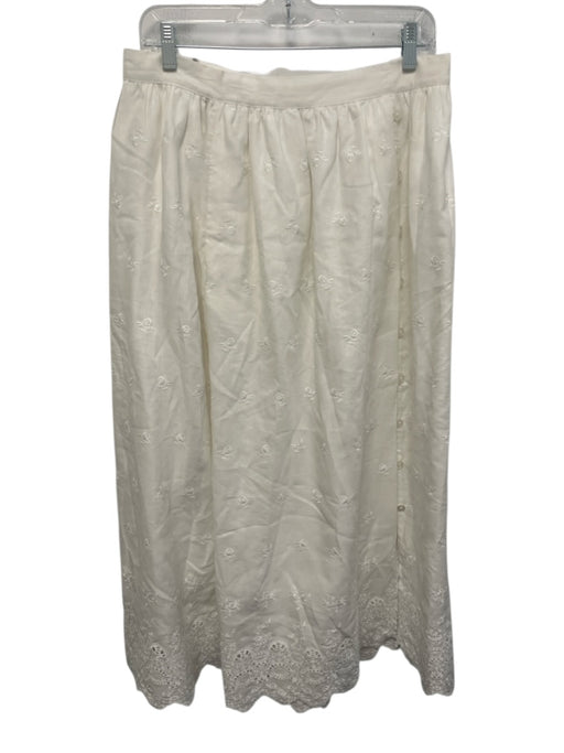 Elie Tahari Size 10 White Linen & Tencel Blend Midi Floral Embroidery Skirt White / 10