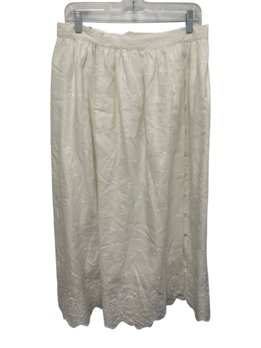 Elie Tahari Size 10 White Linen & Tencel Blend Midi Floral Embroidery Skirt White / 10