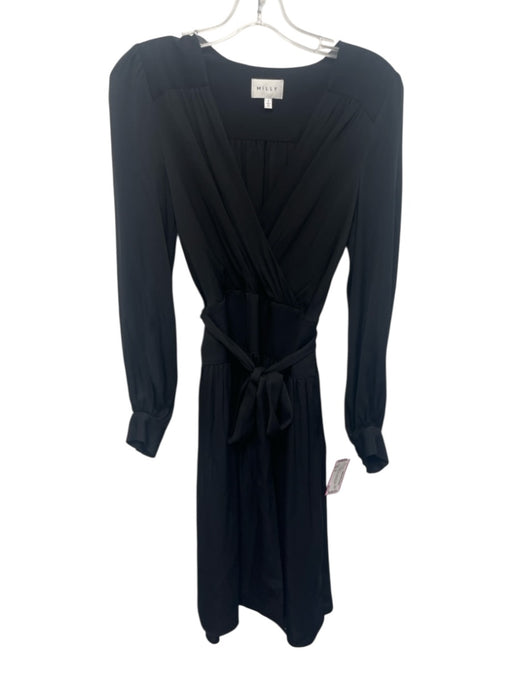 Milly Size 4 Black Silk Long Sleeve Surplice Midi Pleats Dress Black / 4