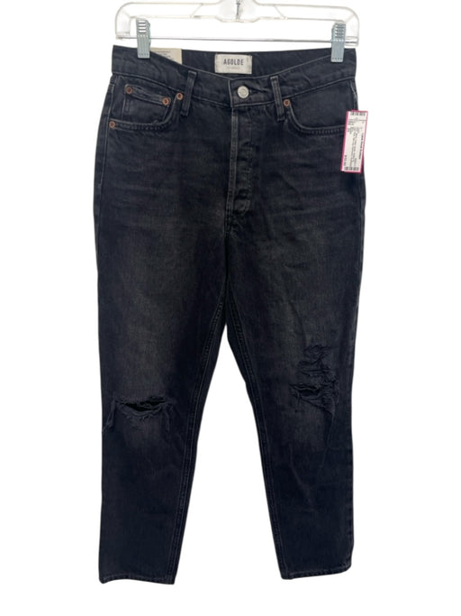 Agolde Size 25 Black Cotton Denim Button Fly High Rise Slim Leg Distressed Jeans Black / 25