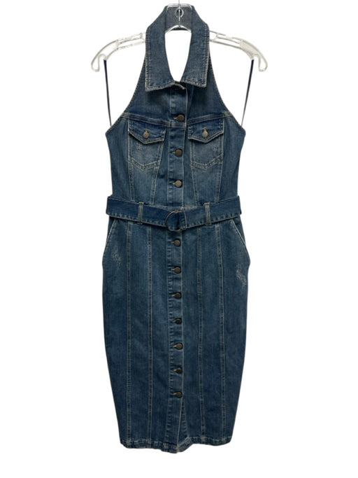 Retrofete Size S Washed Blue Cotton Blend Distressed Halter Button Down Dress Washed Blue / S