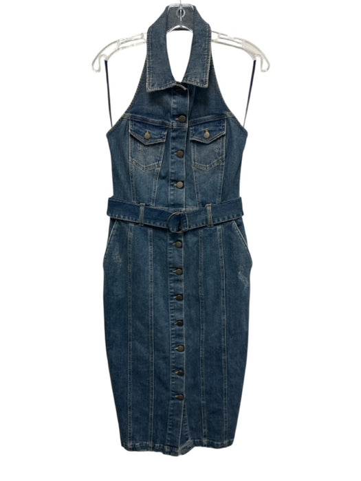 Retrofete Size S Washed Blue Cotton Blend Distressed Halter Button Down Dress Washed Blue / S