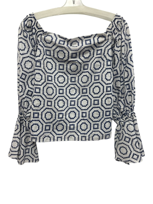 Alexis Size S Blue & White Cotton Eyelet Geometric Off Shoulder Top Blue & White / S