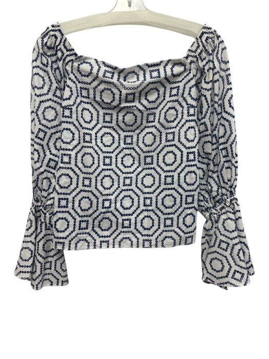 Alexis Size S Blue & White Cotton Eyelet Geometric Off Shoulder Top Blue & White / S