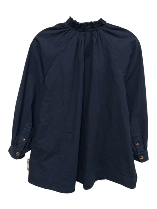 Ann Mashburn Size S Navy Cotton Long Balloon Sleeve Button Up Ruffle Neck Top Navy / S
