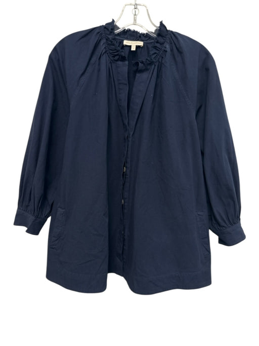 Ann Mashburn Size S Navy Cotton Long Balloon Sleeve Button Up Ruffle Neck Top Navy / S