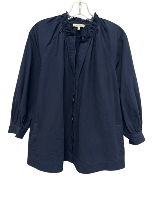 Ann Mashburn Size S Navy Cotton Long Balloon Sleeve Button Up Ruffle Neck Top Navy / S
